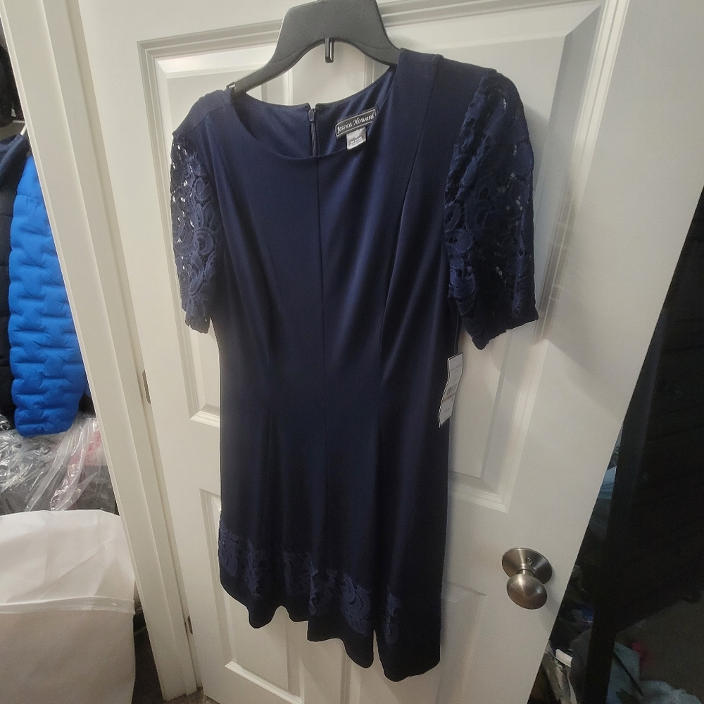 Jessica Howard Size 12 Petite Navy Dress with Lace NWT